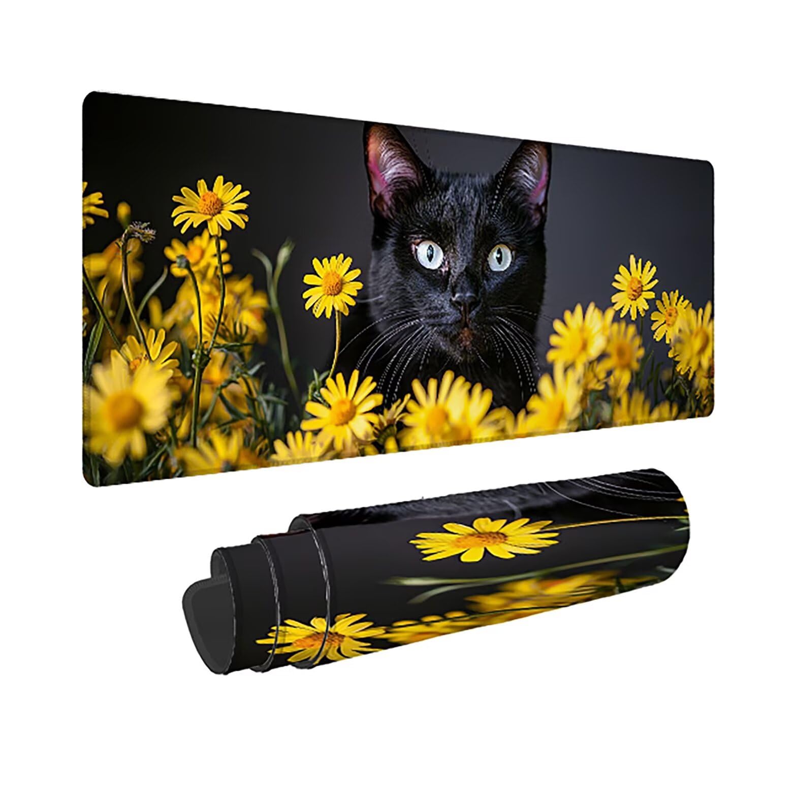 Podkładka pod mysz do gier XXL czarny kot, podkładka pod mysz XXL 1400 x 600 x 3 mm, podkładka pod mysz matowa, bardzo duża z tkaniny, antypoślizgowa podstawa, dla graczy, osobista -43171