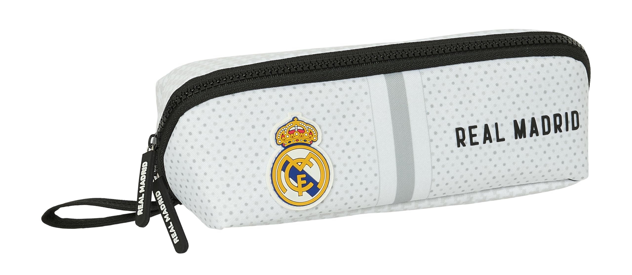 REAL MADRID 1ª EQUIPACIÓN 24/25 - Portatodo Cuadrado Grande, Estuche Infantil, Estuche Niño, Ideal para Niños en Edad Escolar, Cómodo y Versátil, Calidad y Resistencia, 22x10x10 cm, Color Blanco/gris