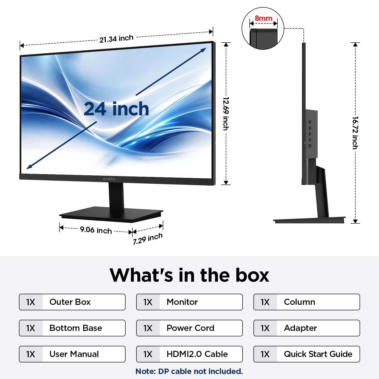 KOORUI Monitor 24" FULL HD, (1920 x 1080, 75 Hz, VGA, HDMI), Flicker Safe, 99% sRGB, Tempo di Risposta 5 ms, Reclinabile, Nero