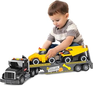 UFLJPKS Construction Semi Trailer Truck Toy with Excavator & Dump Truck, LED Lights & Sounds for Boys Ages 3-6+