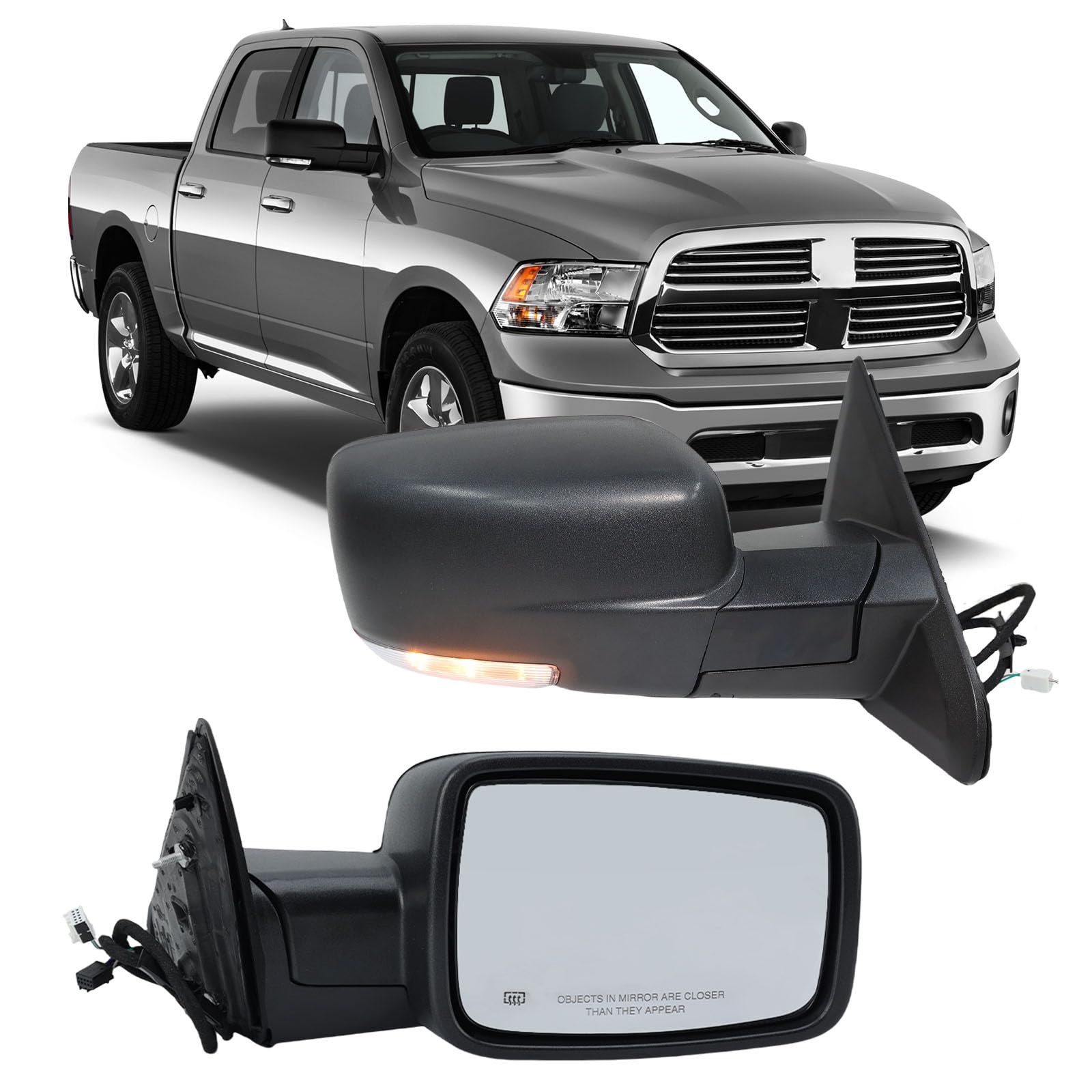 Right Passenger Side Mirror Compatible with 2013-2018 Dodge Ram 1500 2500 3500 Mirrors with Heated Tuning LED Signal Puddle Lamp Power Fold(Textured Black)