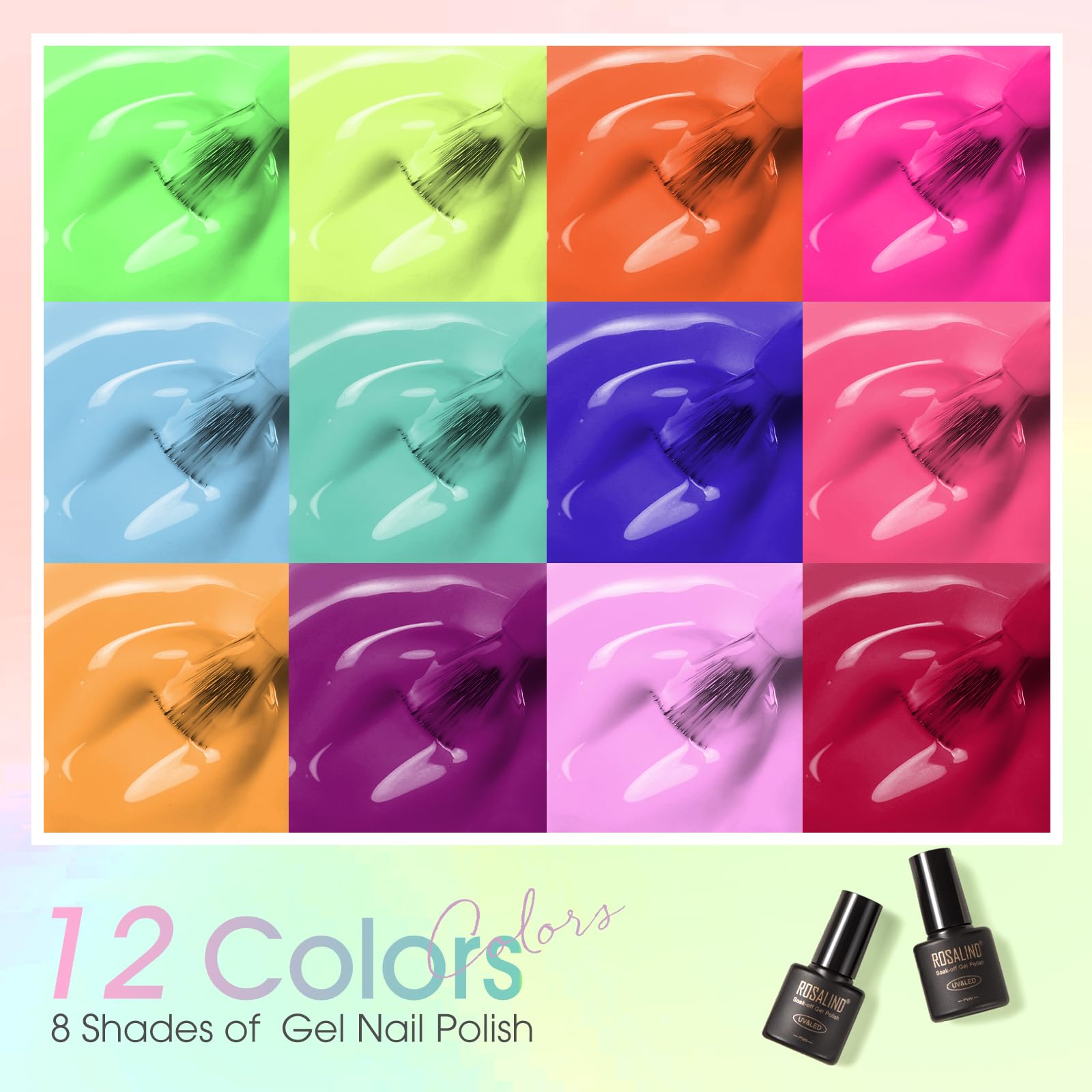 ROSALIND Smalto Semipermanente Unghie, 12 Colori Smalti Semipermanenti Colori Verde Giallo Arancione Blu Rosa Viola Rosso, Soak Off Mini UV/LED Smalto Gel Unghie Manicure Primavera Estate