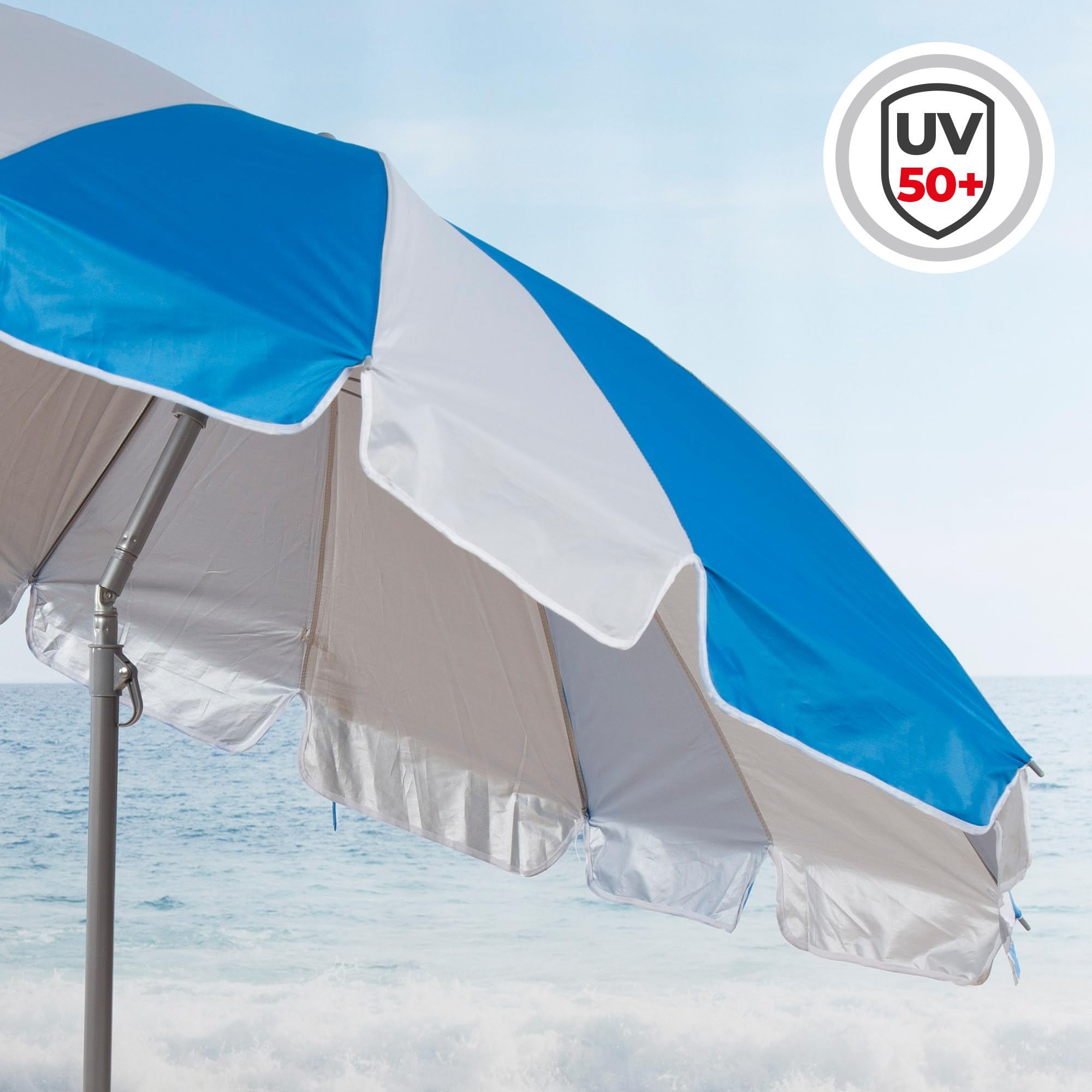 AKTIVE Parasol plażowy, 200 cm, niebiesko-białe paski, stalowy maszt, nachylona i regulowana wysokość, tkanina poliestrowa Oxford, ochrona UV50, pokrowiec do przenoszenia, duże parasole