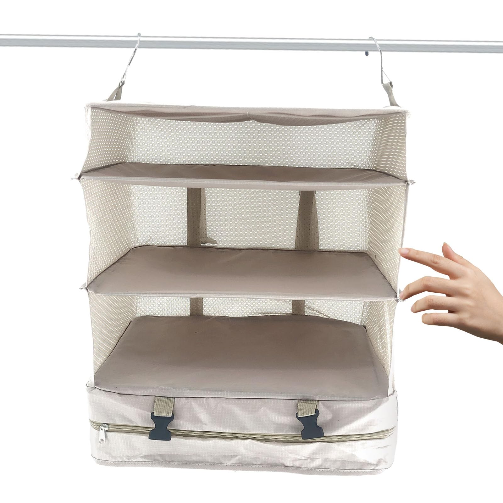 Hängendes Regal Garderobe Organizer Faltbares Hängendes Regal Gepäckorganisator Kleiderschrank Aufbewahrungsorganisator Schrank mit 3 Fächern für Schlafsaal, Schlafzimmer, Wohnzimmer, Beige