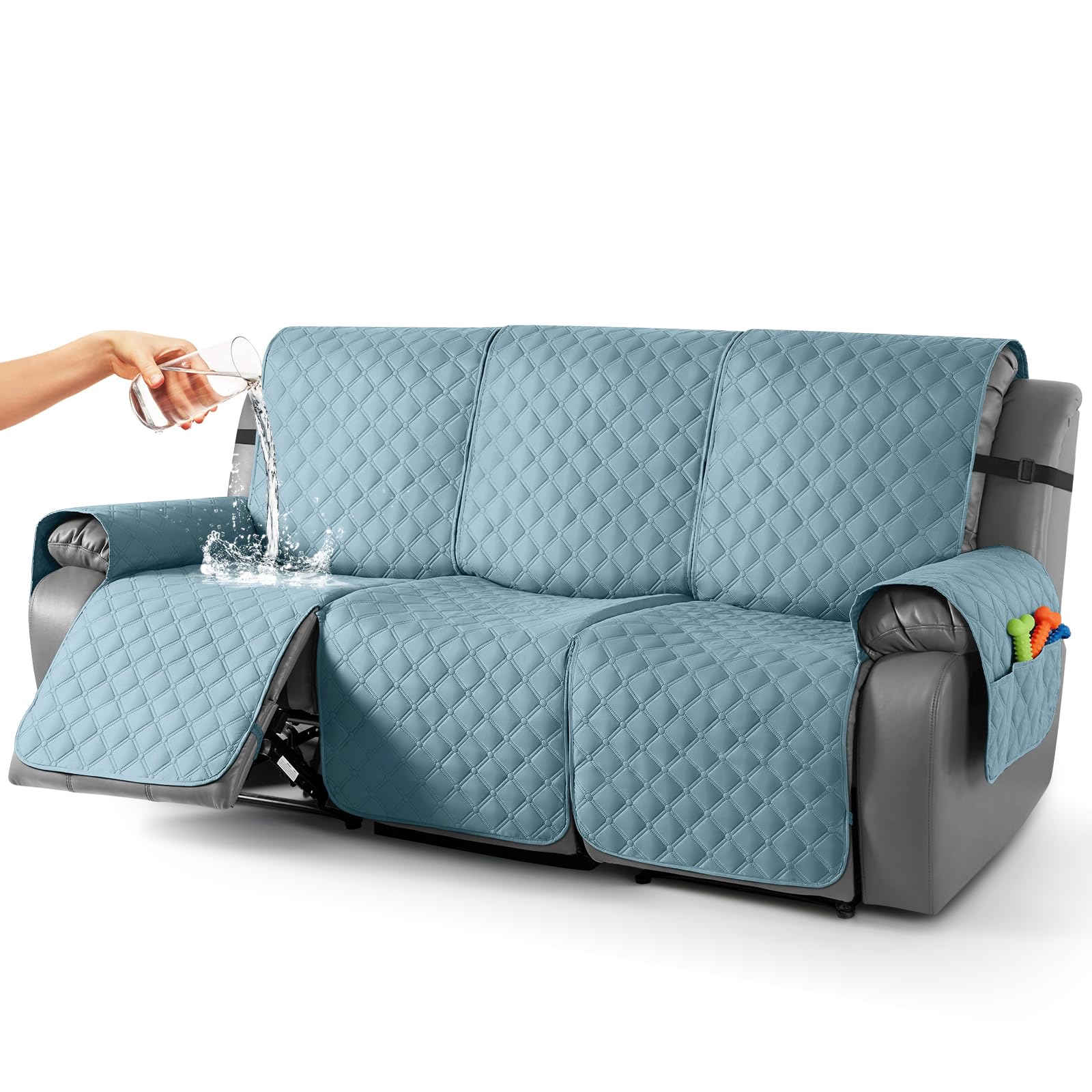 taococo 100% waterproof recliner covers, recliner sofa covers with leg straps, reversible recliner couch cover for reclining chair, washable couch protector for pets kids(3 seater, sky blue)