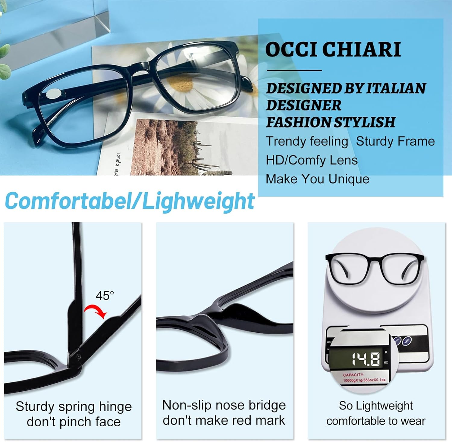 OCCI CHIARI XL Reading Glasses Men Large head Comfortable Readers 1.0 1.25 1.5 1.75 2.0 2.25 2.5 2.75 3.0 3.5 4.0 5.0 6.0(1.5x Black) - Image 4