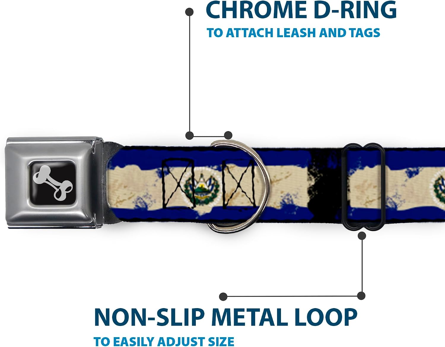 Dog Collar Seatbelt Buckle El Salvador Flag Distressed Painting 11 to 17 Inches 1.0 Inch Wide