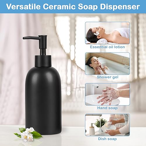 Miniatura 6 de Natheeph Dispensador de jabón de cerámica de 14 oz, dispensador de bomba de jabón de cerámica, puede llenar líquido para bañococina (negro)