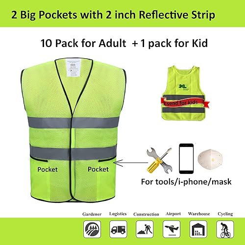Miniatura 9 de Paquete de 10 chalecos de seguridad con bolsillos, construcción reflectante de alta visibilidad, ANSI Clase 2, chalecos de trabajo amarillos para