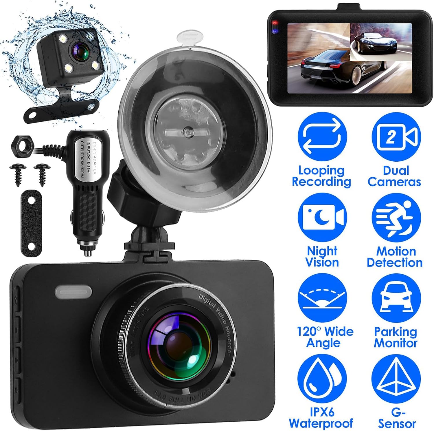 Dash Cam Front and Rear, 1080P Full HD Dual Dash Cam for Cars, Car Camera Driving Recorder with Loop Recording, Night Vision, G-Sensor, Motion Detection, Parking Monitor