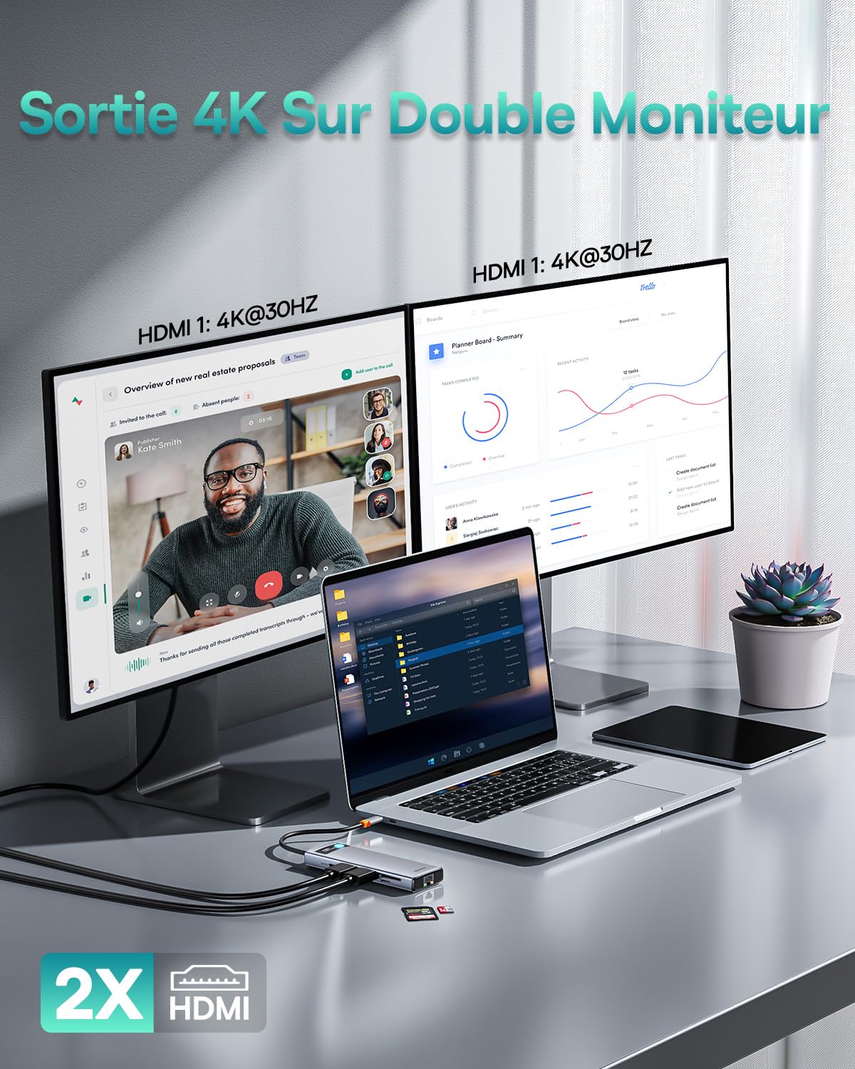 Baseus Hub 9 en 1, Dock Double Moniteur Adaptateur USB C avec 2 HDMI 4K, Gigabit Ethernet, 100W PD, SD/TF, 3 USB, Station d'accueil pour MacBook/Dell/HP/Surface/Lenovo/Steam Deck