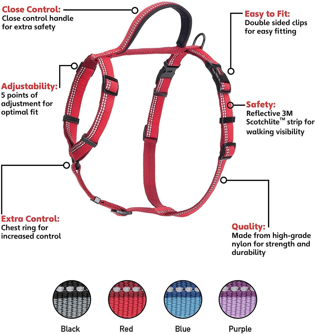 HALTI Walking Harness - Lightweight Dog Harness with Handle, Reflective & Adjustable, Ideal for Puppy Walks, Suitable for Large Dogs and Puppies (Size L, Red)