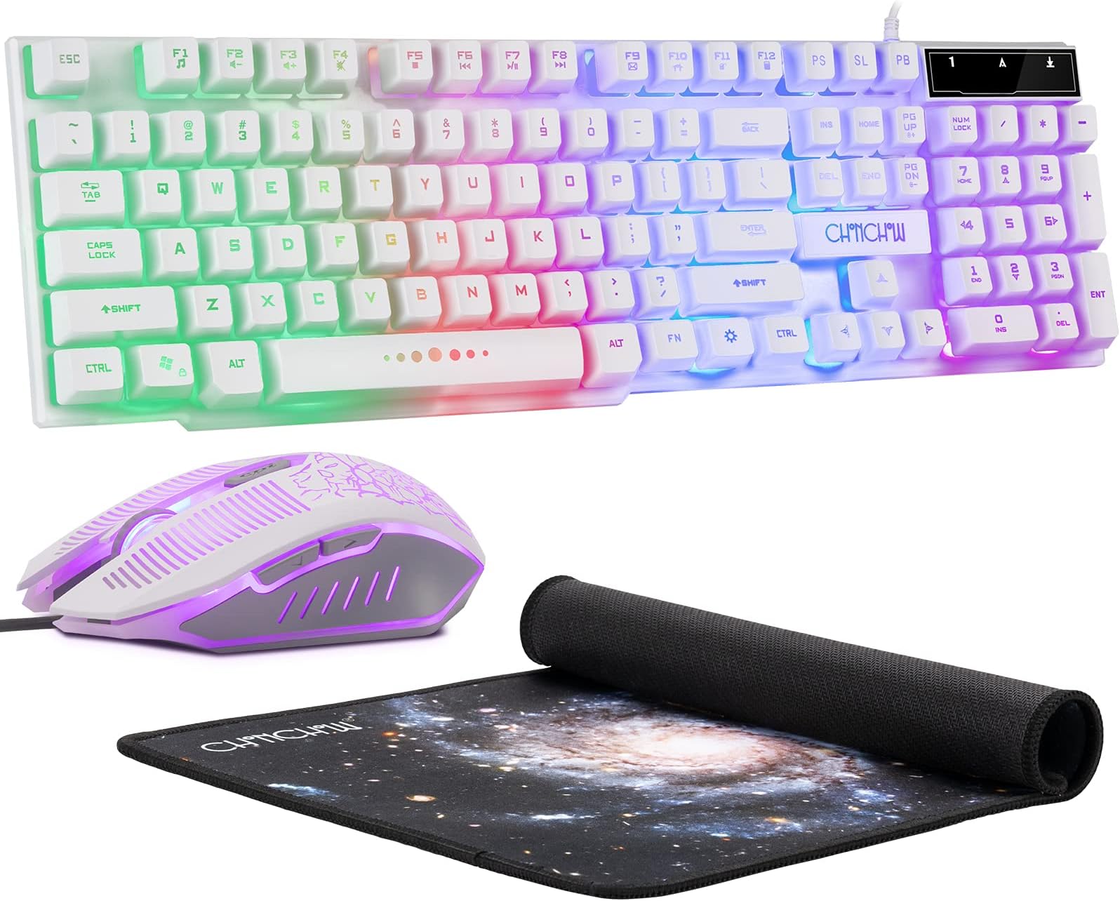 Gaming LED Backlit Keyboard and Mouse Combo CHONCHOW USB Wired Rainbow Key Board Mice Set Mechanical Feeling Compatible with PS4 PC Windows Mac Black (White Combo)