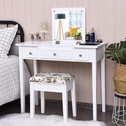 Miniatura 10 de CHARMAID Juego de tocador con espejo abatible, tocador de maquillaje con gran espacio de almacenamiento y organizadores extraíbles, mesa de tocador