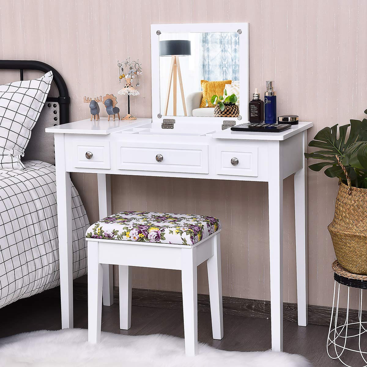 CHARMAID Makeup Vanity Desk with Flip Top Mirror and 3 Drawers, 7 Storage Compartments, White Writing Desk Dressing Table Vanity Set with Cushioned Stool for Kids Girls Women, Easy Assembly