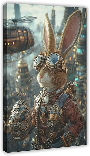 Steampunk - Arte de pared de Pascua  Conejito futurista retro y huevo mecánico  Póster de fantasía industrial Steam City  Decoración única de Pascua