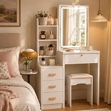 Small Vanity Desk with Mirror and Led Light, 31.5" Compact Makeup Vanity with Stool, 4 Drawers, 4 Open Shelves & Slidding Mirror Cabinet, Dressing Table for Small Space,Dorm,Bedroom