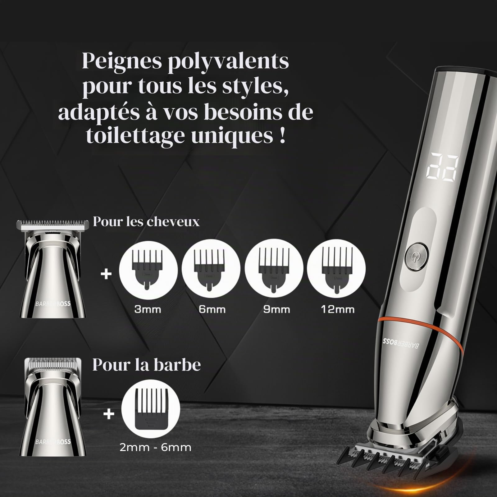BarberBoss Kit tondeuse à barbe sans fil pour homme, rasoir 5 en 1 avec tondeuse à cheveux, tondeuse nez, recharge USB-C et lames en acier inoxydable, toiletteur corporel