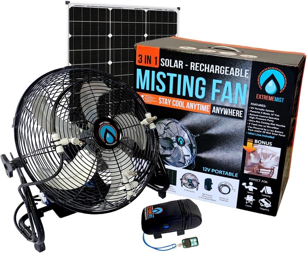 EXTREMEMIST 14” Solar Powered Misting Fan – 3 Mister Nozzles, 20W Solar Panel | Detachable Pump with 16ft. Misting Line | Perfect for Outdoors, Camping, Tailgating - Cools the air up to 30°F (17°C)