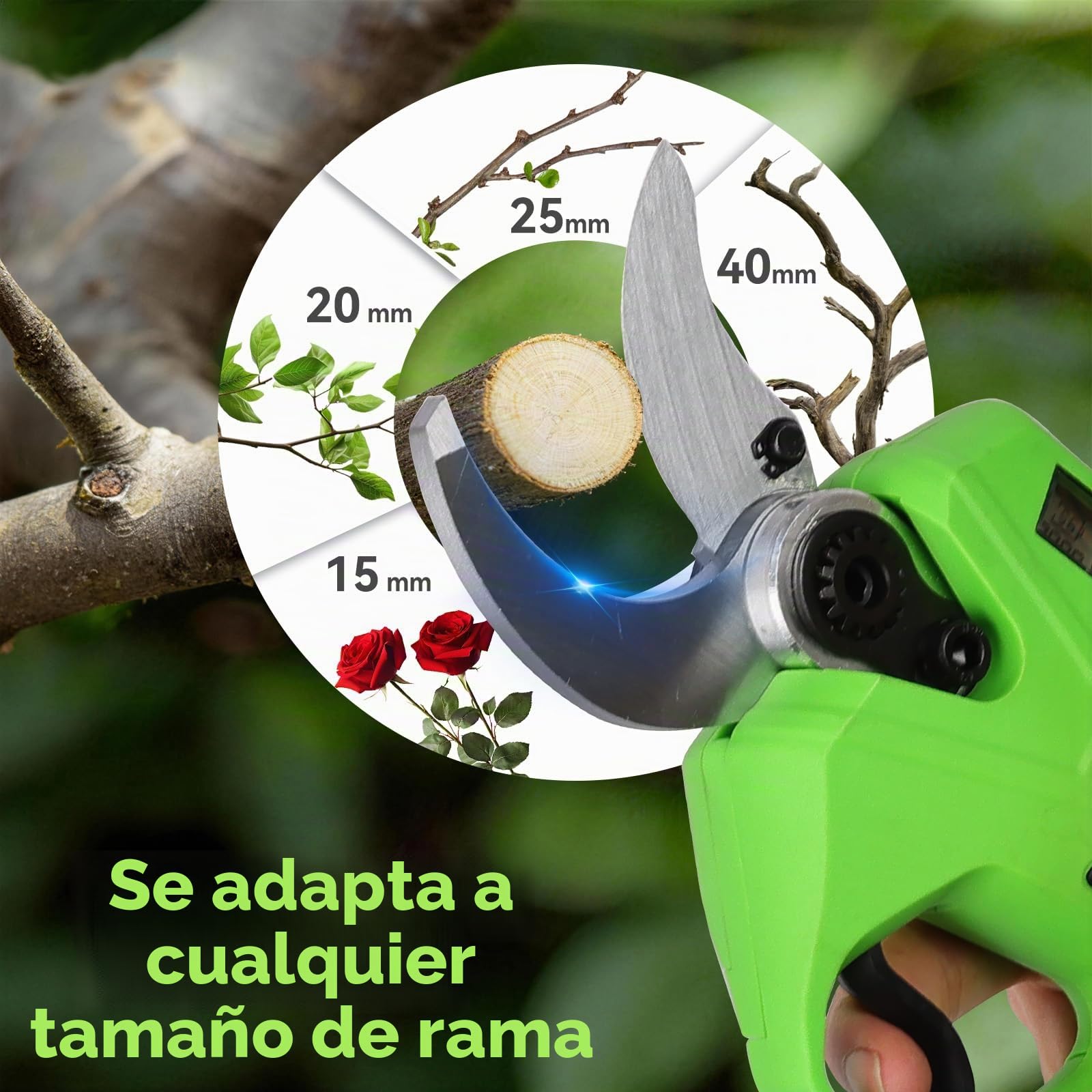 Tijeras de Podar Eléctricas con Pértiga Telescópica 2 m 30/40 mm | Cabezal giratorio 180°, pantalla de batería, perfecta para olivos, frutales y viñedos
