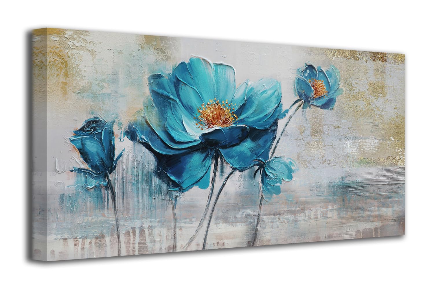 Anolyfi Large Blue Flowers Canavs Wall Art Abstract Lotus Textured Painting Elegant Florals Picture Modern Grey Artwork Framed for Living Room Bedroom Bathroom Kitchen Office Home Decor 40"x20"