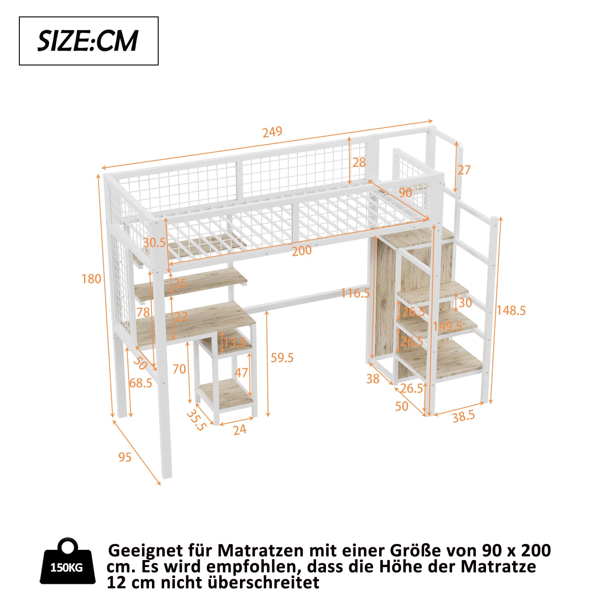 Letto A Soppalco In Metallo 90x200 Cm, Con Scala Sicura, Tavolo E Scaffali Sotto, Rete Di Sicurezza, Colore Bianco O Nero