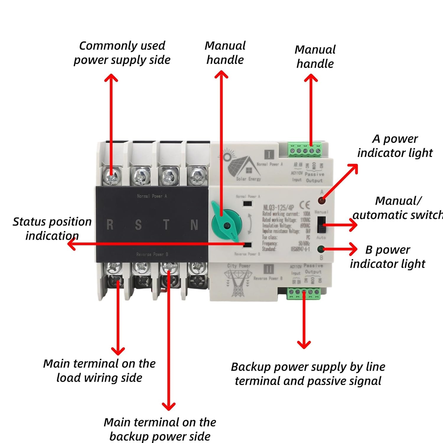 Power Automatic Transfer Switch ATS 4P 110V 100A Generator Changeover Switch DIN Rail Emergency Power Electrical Selector Circuit Breaker Toggle Controller