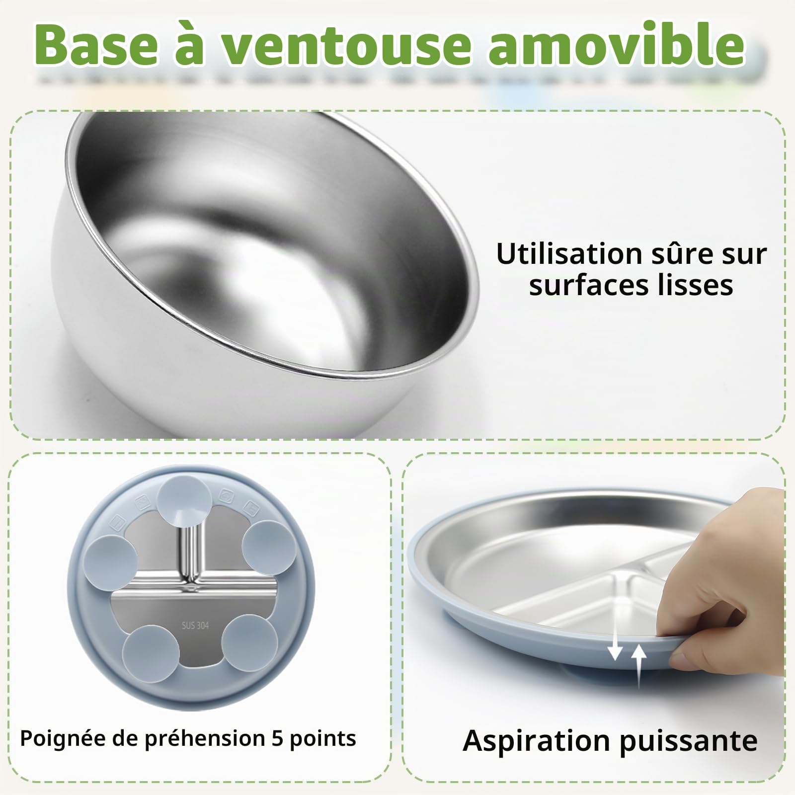 2 Assiettes En Acier Inoxydable Avec Ventouse + 2 Bols En Acier Inoxydable Avec Ventouse, Avec Housse En Silicone Amovible, Lavables Au Lave-Vaisselle (BlueGreen)