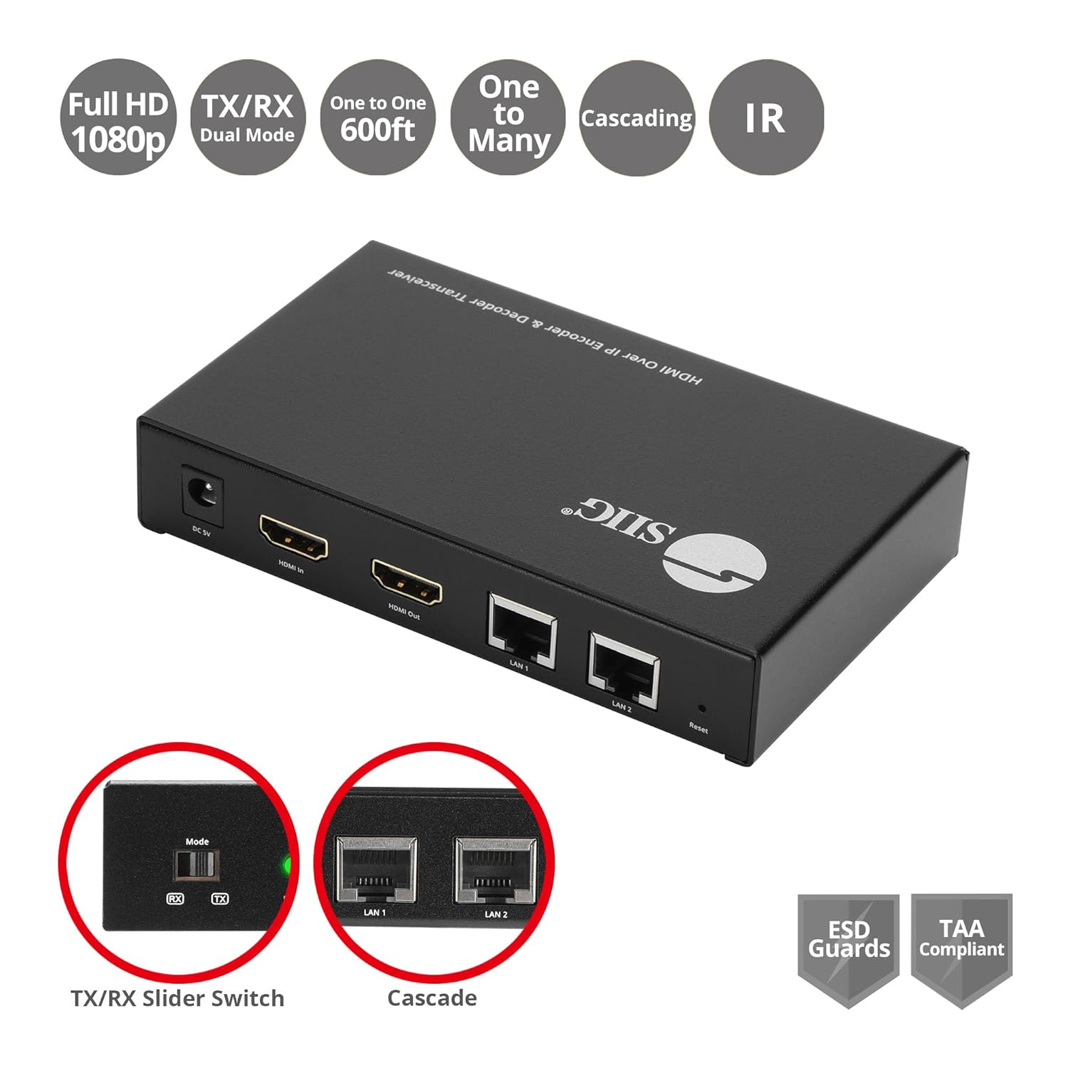 SIIG HDMI Over IP Encoder & Decoder Transceiver - TX/RX Mode Switching, Cascading, 1080p, One to One 600ft, One to Many, Many to Many via VLAN, 2X RJ45, TAA Compliant (CE-H27P11-S1)