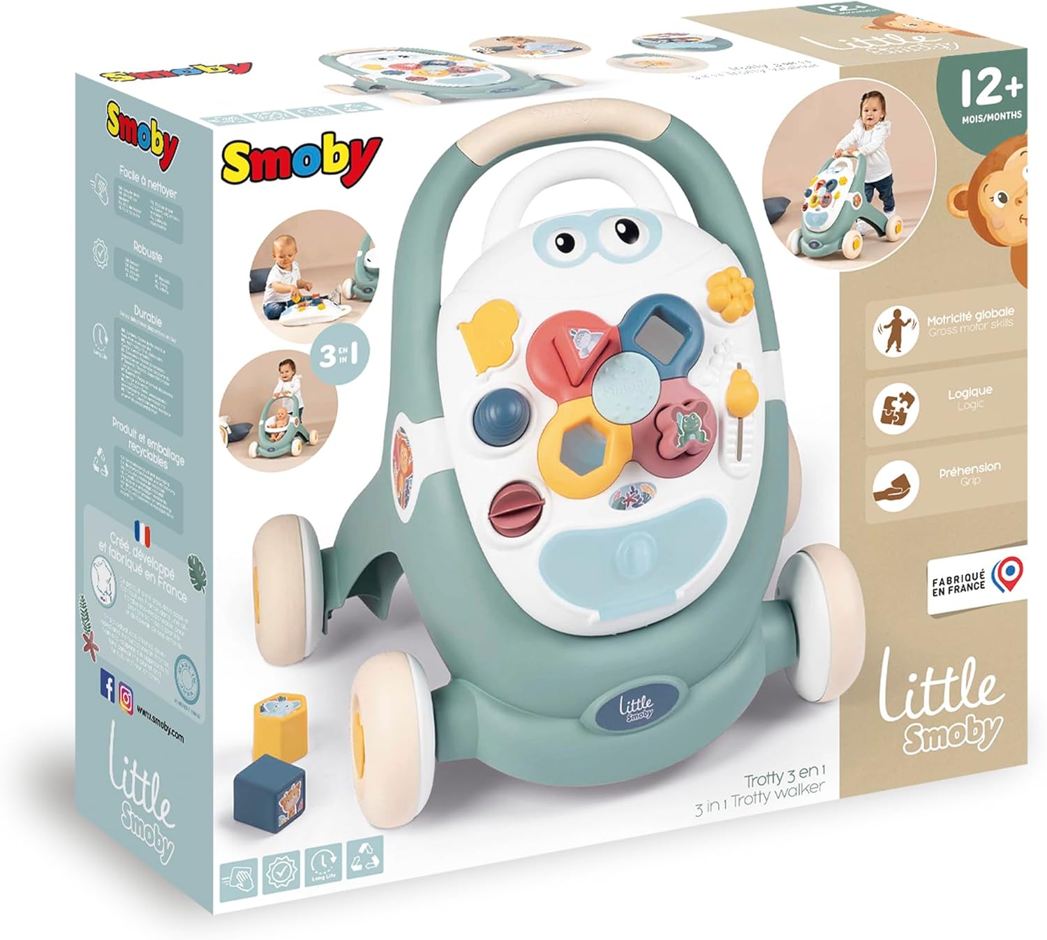 Diagram showing the dimensions of the Smoby Little Trotty walker: 50 cm length, 43 cm width, 47 cm height.