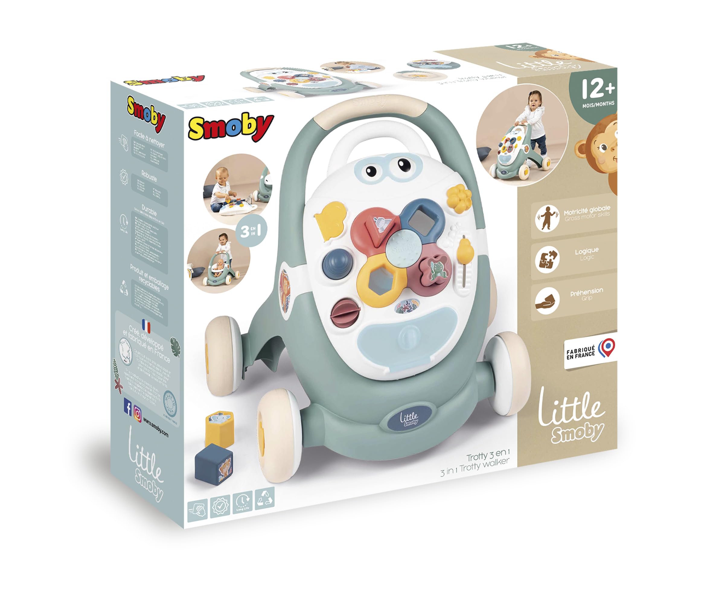 Little Smoby - Trotty 3 in 1 - Girello - Ausilio per la deambulazione - Tablet attività - Passeggino - Sistema frenante - Dai 12 mesi - Prodotto in Francia
