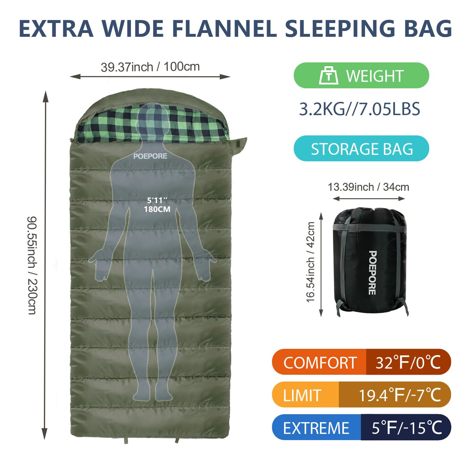 POEPORE 0 Degree Sleeping Bag 100% Cotton Flannel XXL Cold Weather Winter Oversized Sleeping Bag for Adults Camping Zero Degree Big and Tall with Compression Sack