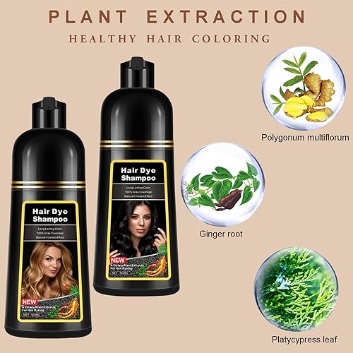 Miniatura 5 de Champú de tinte para el cabello castaño natural 3 en 1 para cobertura de cabello 100% gris, ingredientes herbarios instantáneos, champú de color