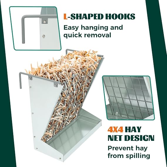 KUAFU Hay Feeder 2 in 1 Hay Rack Wall Mount Goat Feeders,Heavy Duty | Galvanized Steel Hanging Feeders for Farm Livestock Small Goat & Sheep Grain Indoor Outdoor Uses