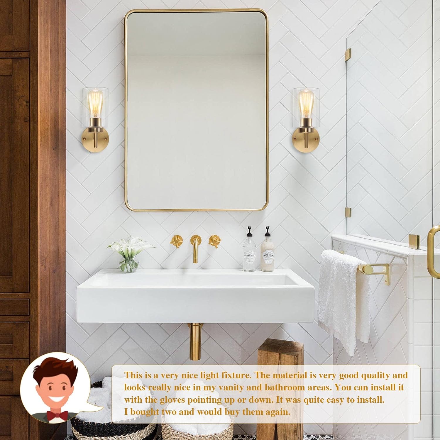 Bеѕt Dеаl 🛒 ETONIMERR Brushed Gold Wall Sconce, Vintage Indoor Brass Bathroom Vanity Light Fixture 1-Light with Glass Shade Industrial Antiqued Gold Wall Light Fixture for Living Room Bedroom Entry Hallway Foyer