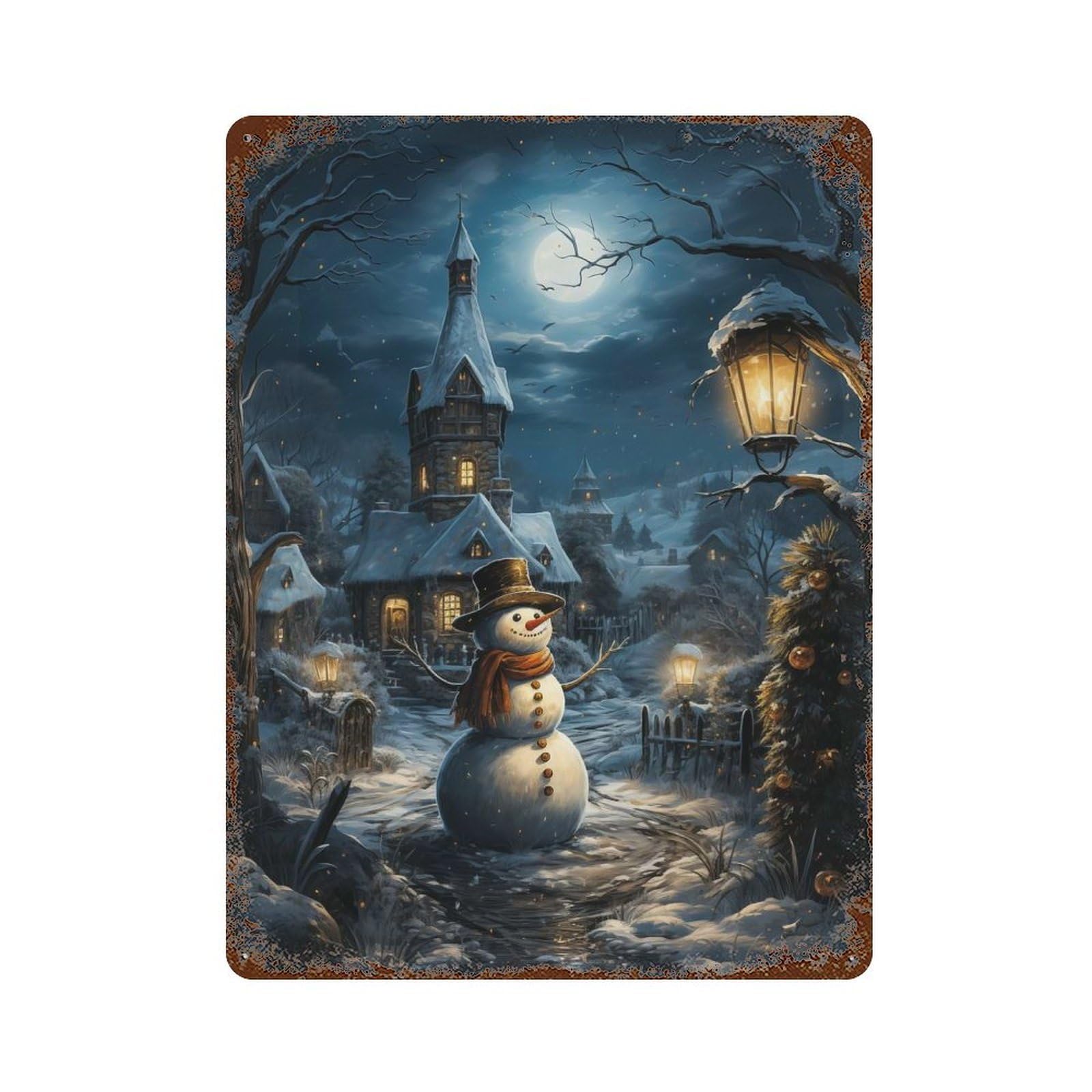 Rust Effect Snowman in Winter Weathered Tin Sign 15.7"x11.8", Novelty Wall Decor for Office, Studio And Wall Decor