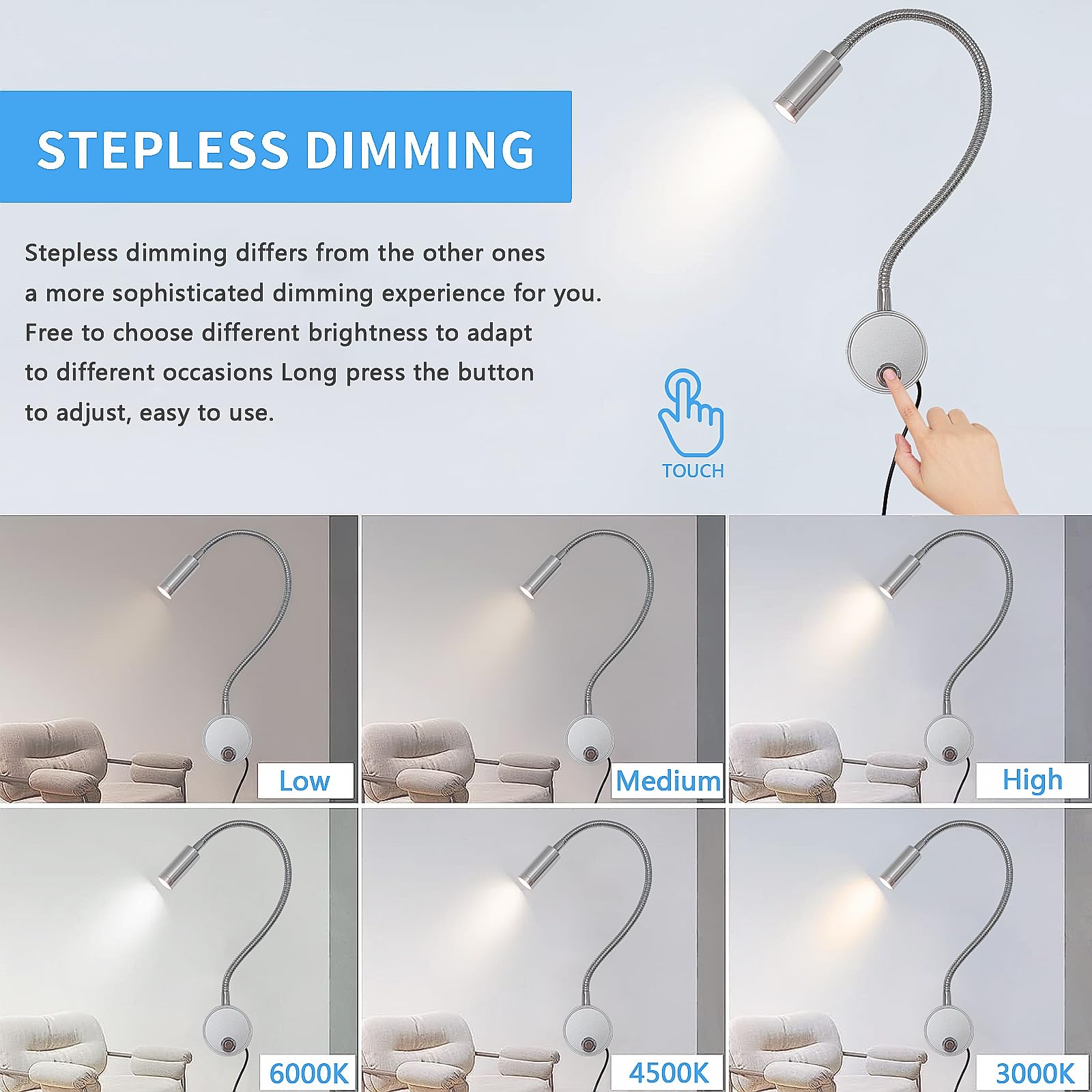 2 Piezas Luz de Lectura Pared, Aplique de Pared Táctil LED Interior con Puerto USB Lámpara de Cuello de Cisne Flexible 360° Iluminación de Cabecera para Dormitorio con Adaptador de Alimentación