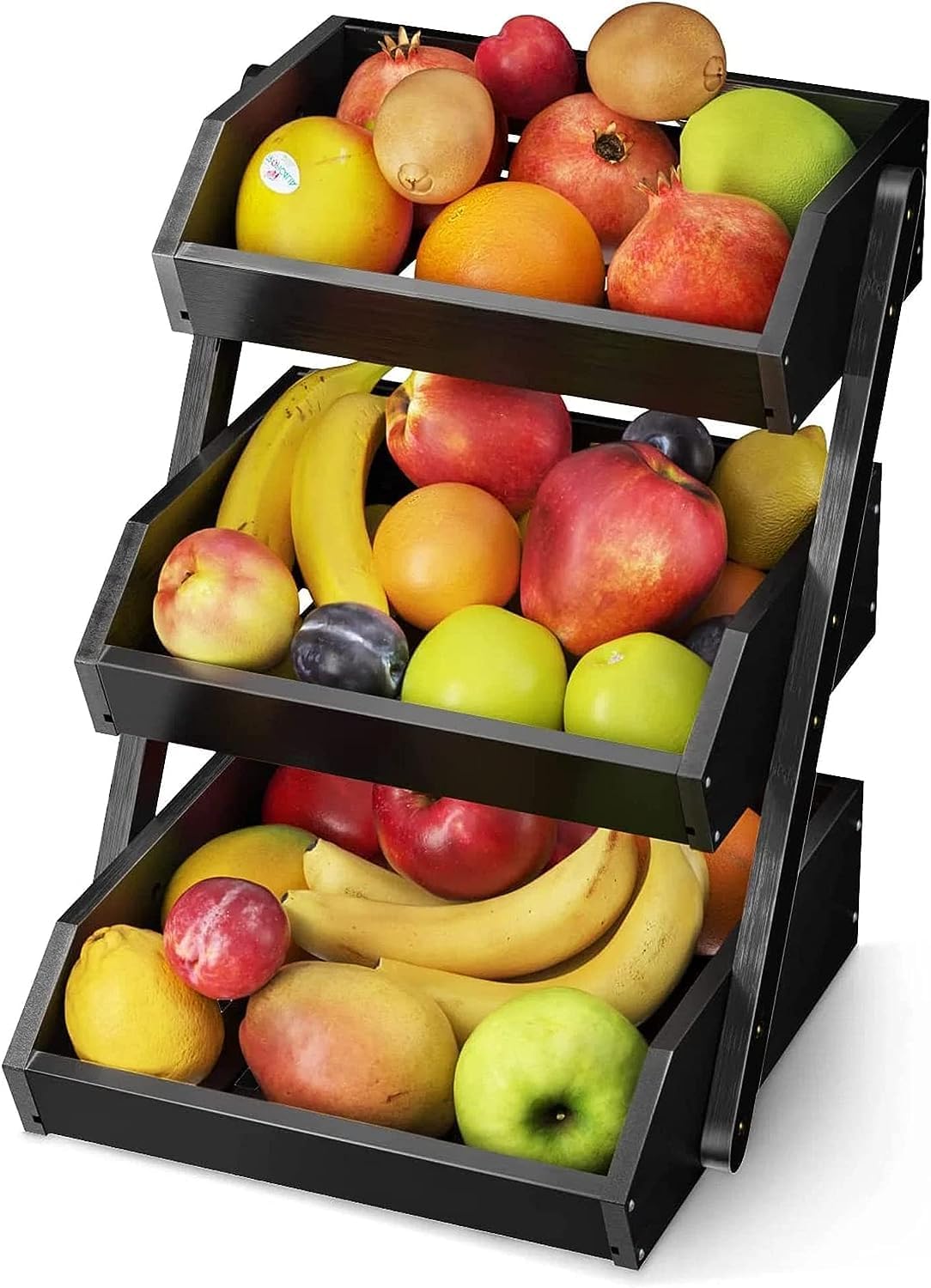 Bamboo Fruit Basket l 3 Tiered Design l Large Capacity l Multipurpose Functionality for Convenient Fruit l Vegetable Storage on Your Countertop l Black