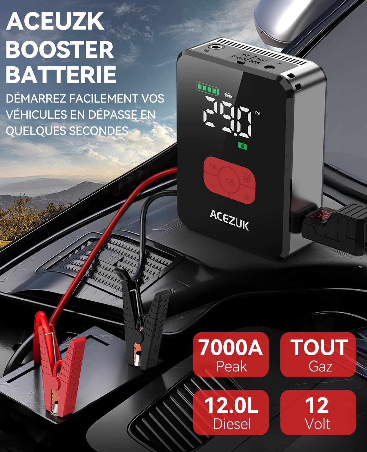 ACEZUK Jump Starter connected to a car battery for jump-starting