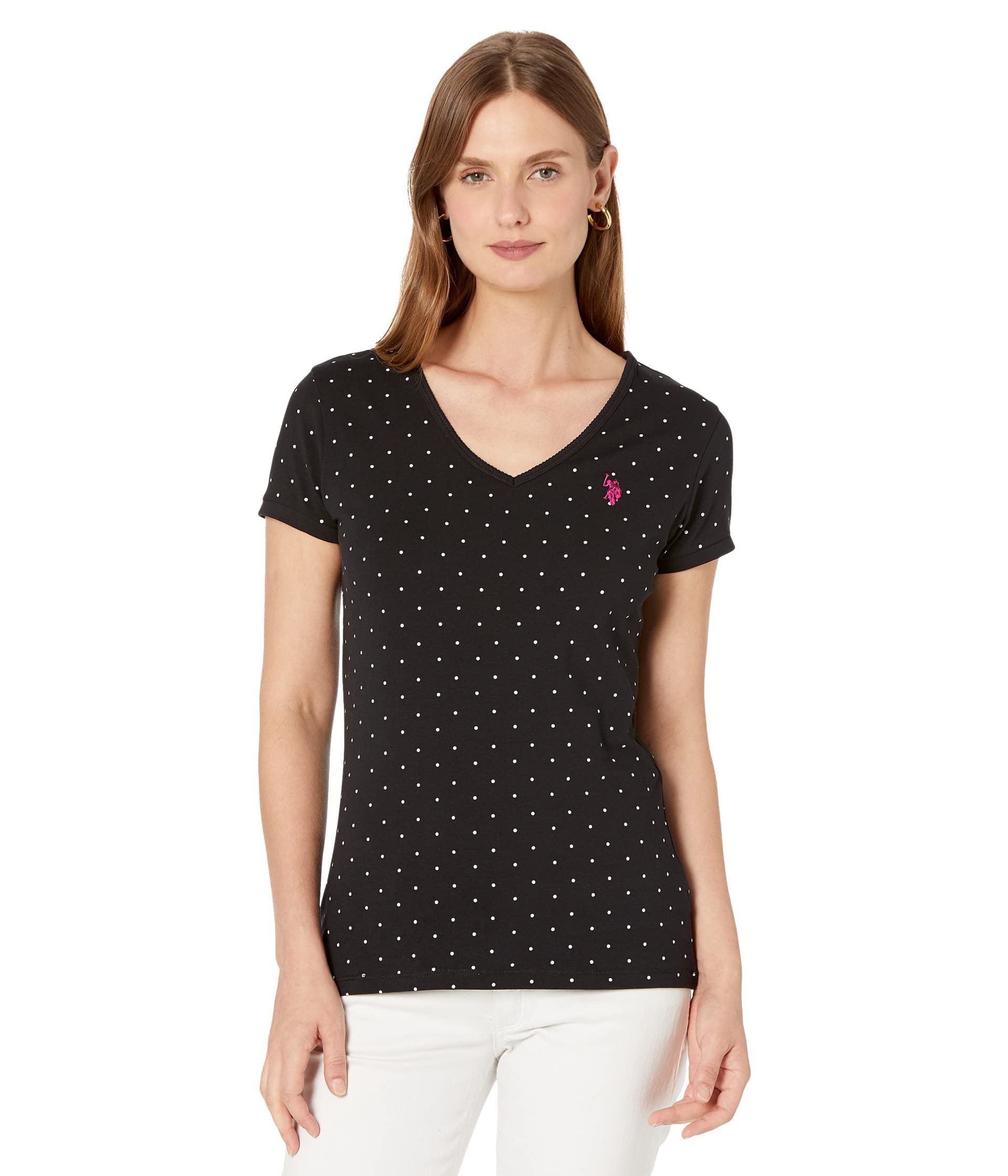 U.S. POLO ASSN. Small Pony Stretch Dot V-Neck Tee Shirt Black/Pink LG