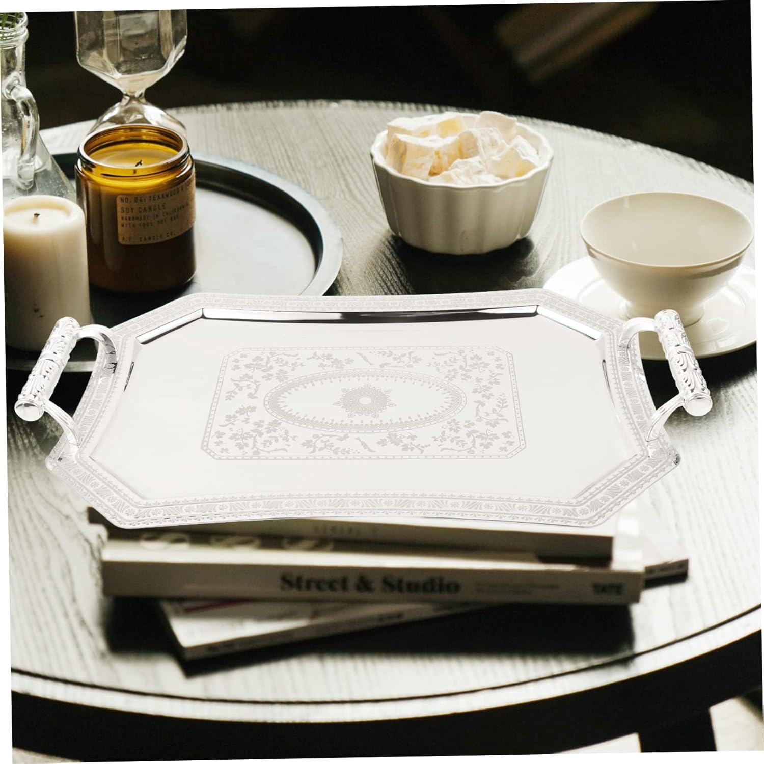European Style Serving Tray with Handles 14.17X9.84X1.77In Vintage Snack Serving Platter Fruit Dish for Home Entertaining and Parties