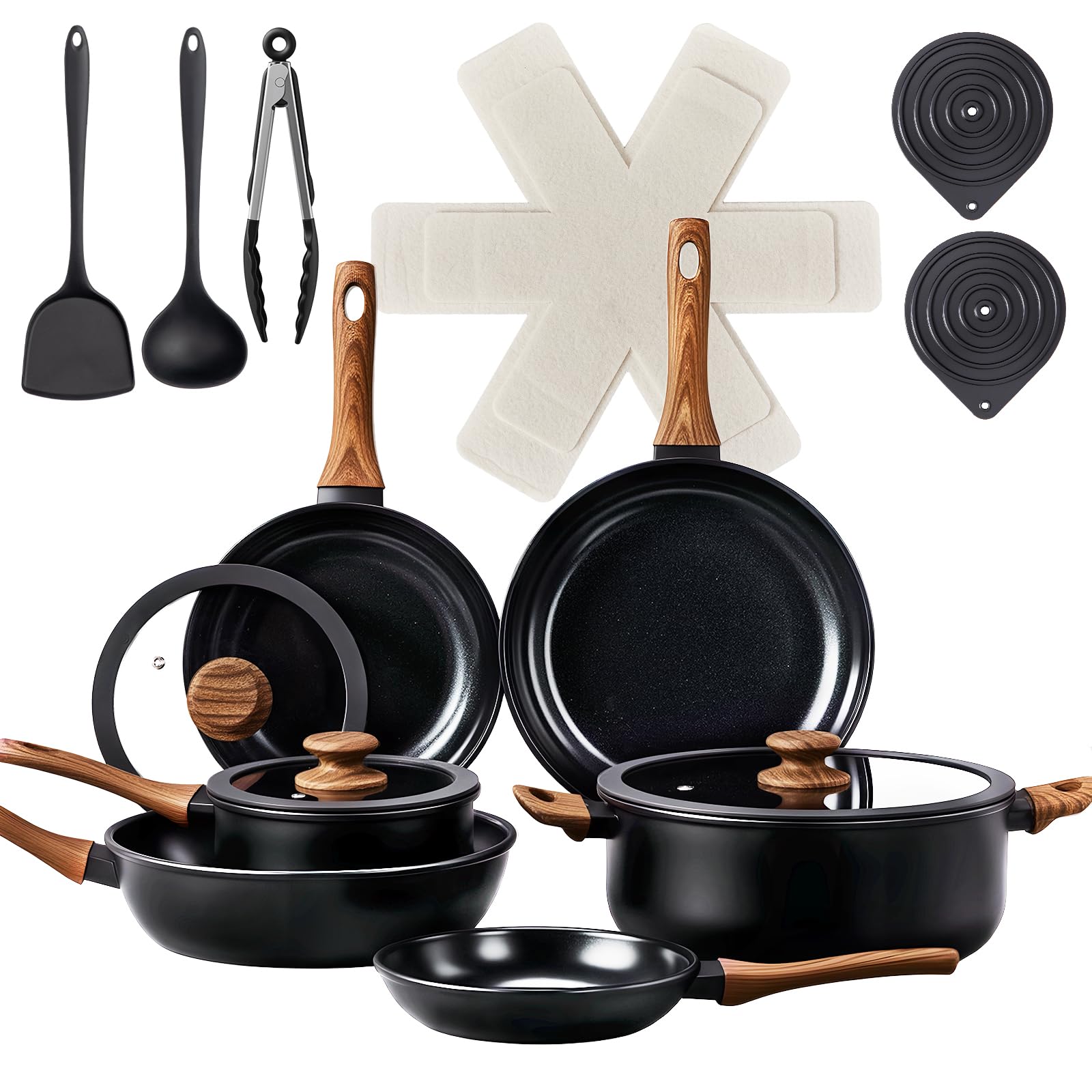 ROVSON 20pc Non-Stick Saucepan Set, Induction Pan Set, with Handle, Black