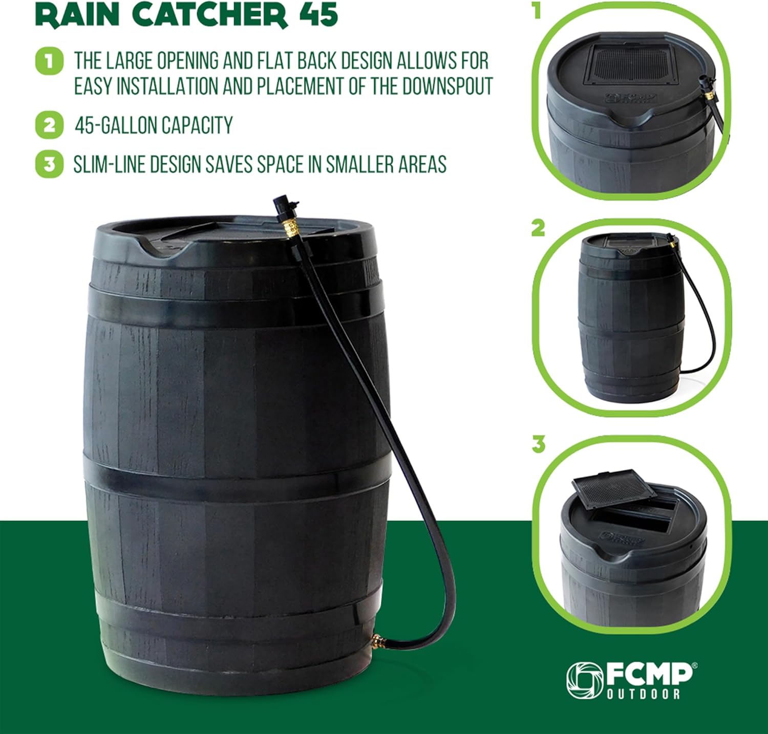 FCMP Outdoor 45 Gallon Heavy Duty Rain Water Catcher Barrel Container with Hose and Debris Screen for Outdoor Plants, Garden, and Landscapes (RC45-BLK) Black