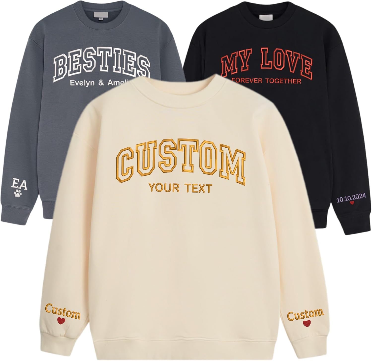 Customize Embroidered Sweatshirts and Hoodies Design Your Own, Personalized Sweatshirts & Hoodie for Everyone, Custom Text On Sleeve, Gift for Mothers Day, Birthdays, Christmas