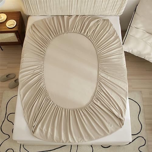 Miniatura 5 de VClife Sábana bajera ajustable suave tamaño individual de color beige liso bronceado con bolsillo profundo de 16 pulgadas de profundidad, sábana de