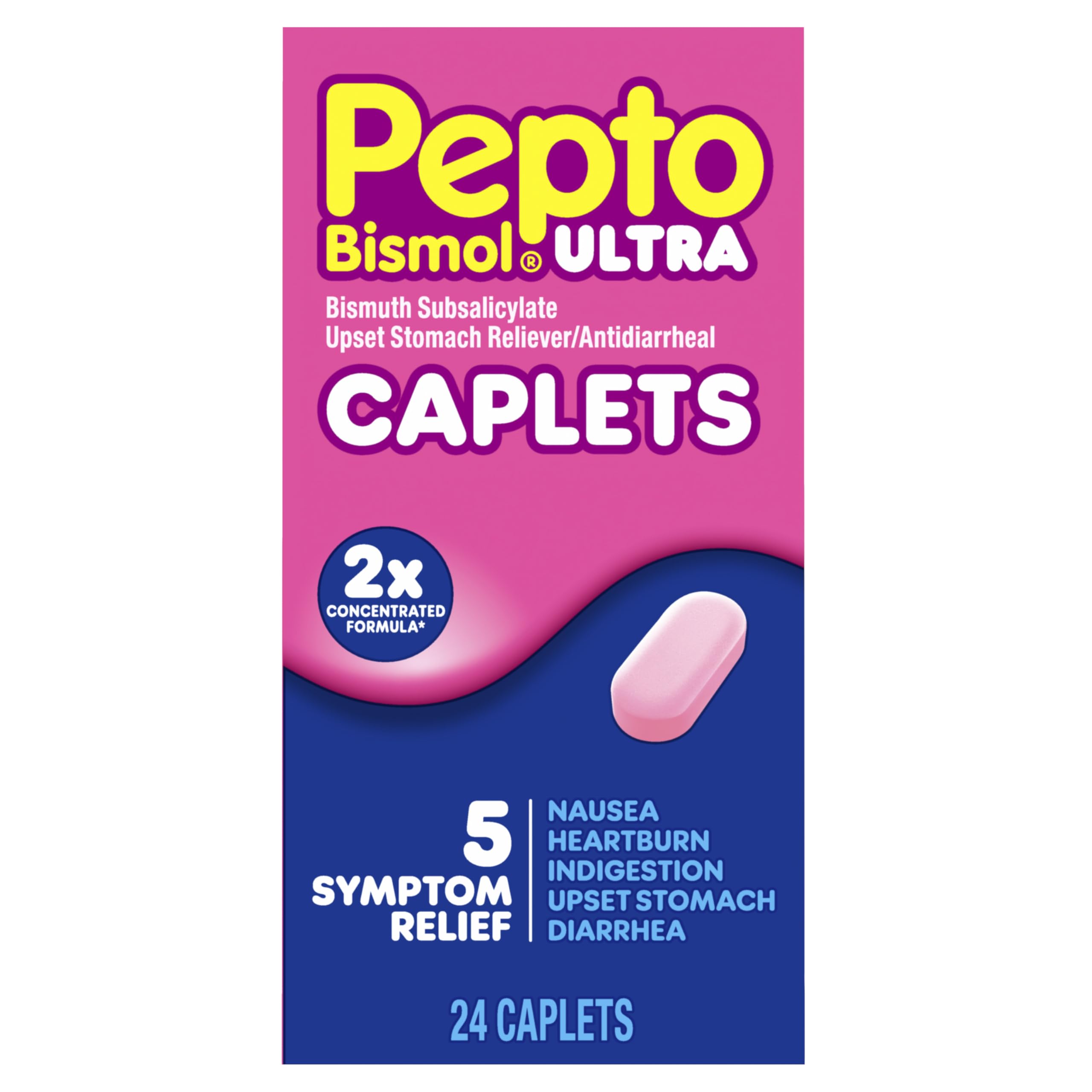 Pepto Bismol ULTRA Caplets, Upset Stomach Relief, Nausea Relief, Heartburn Relief, Indigestion Relief, Anti Diarrhea Medication for Adults - 5 Symptom Relief, 24 ct