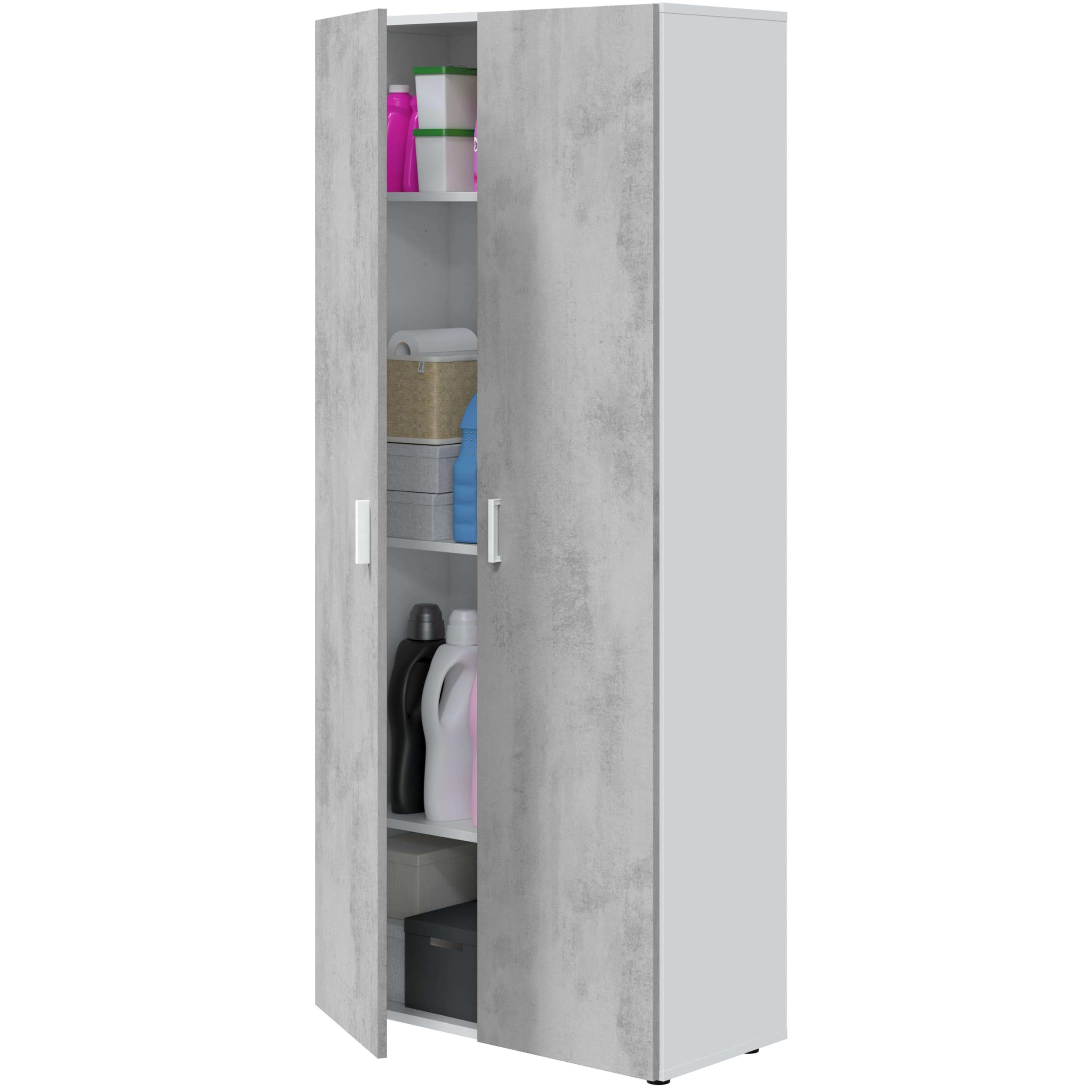 Habitdesign Armoire multifonction 2 portes et 3 étagères, 182 x 80 x 37 cm (H x l x P) Blanc « Artik » et gris ciment