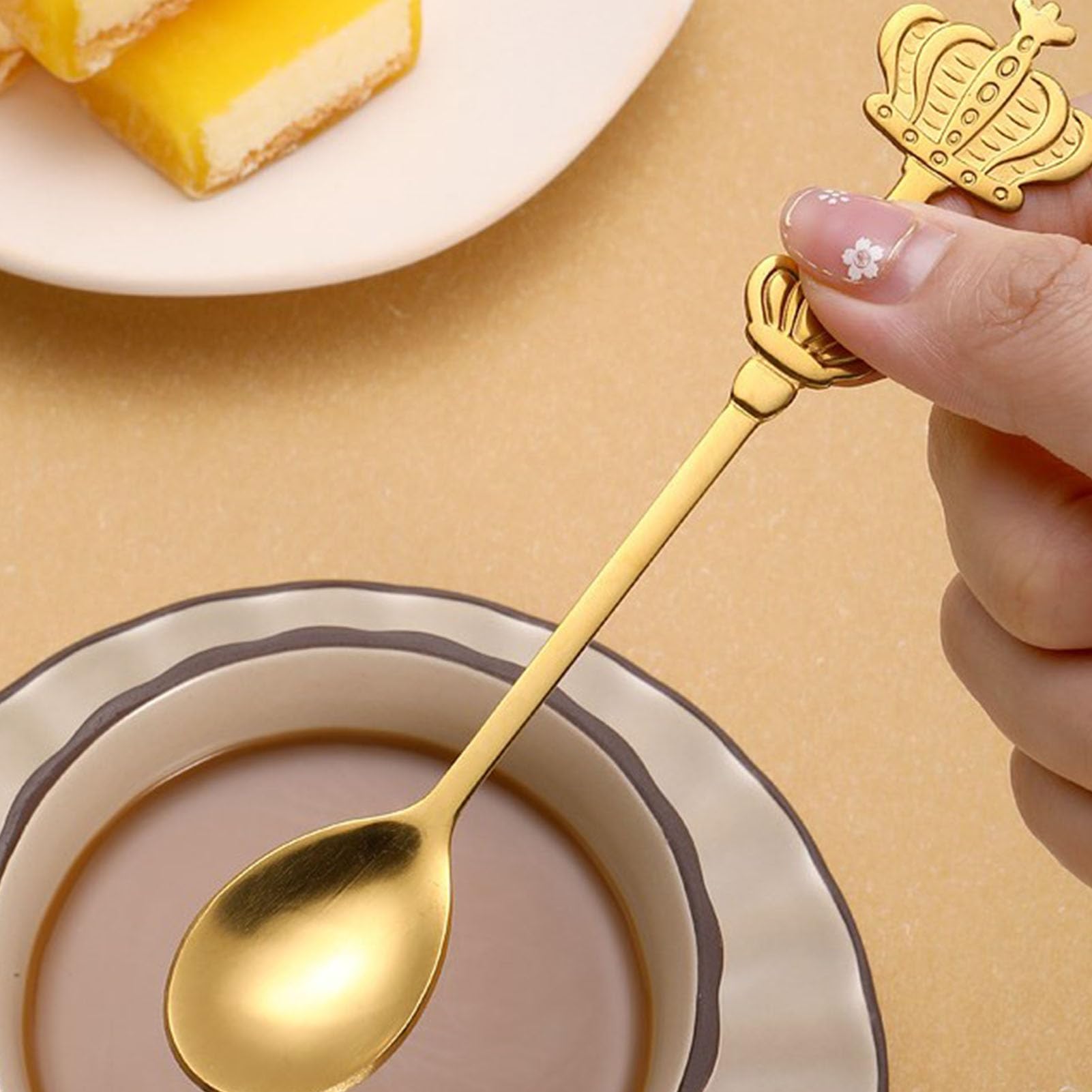 4PCS Stainless Steel Golden Coffee Cake Spoon, Demitasse Espresso Spoons, Mini Coffee Spoon, Crown Cake Spoons Small Teaspoon for Ice-Cream, Soup, Salt, Sugar, Tea Stirring