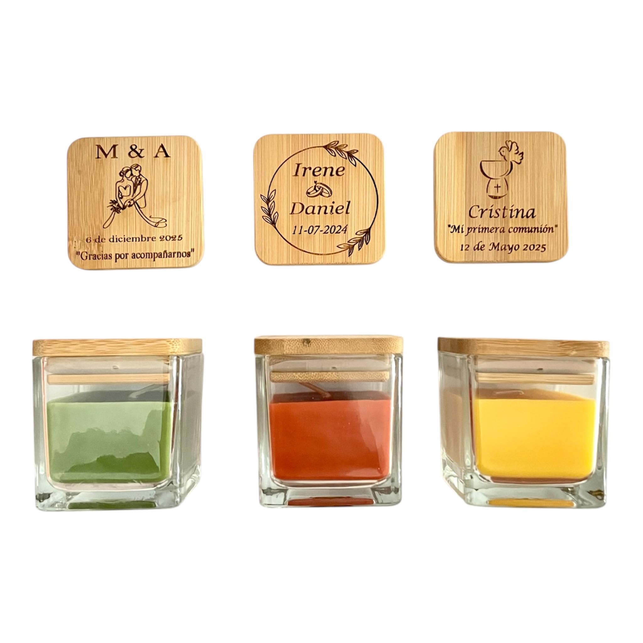 regalo grabado – Velas Personalizas | Cantidad (15) | Velas Boda, Comunion, Bautizo | Tarro Cristal con Tapa de Bambú | Aromas Limón, Naranja, Manzana, Vainilla | Opcion aromas surtidos