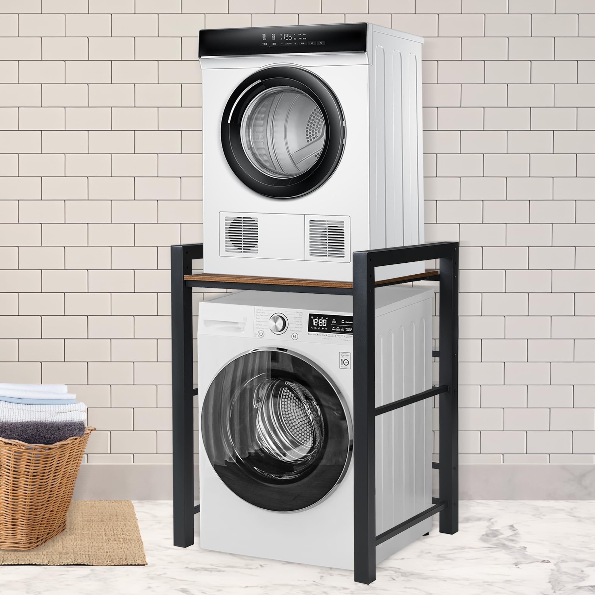 Waschmaschinen Untergestell, Verbindungsrahmen Waschmaschine Trockner Universal, Waschmaschinenschrank Tragfähigkeit 300kg, Waschmaschinenregal für Waschmaschine und Trockner (Schwarz, 75X65X105CM)